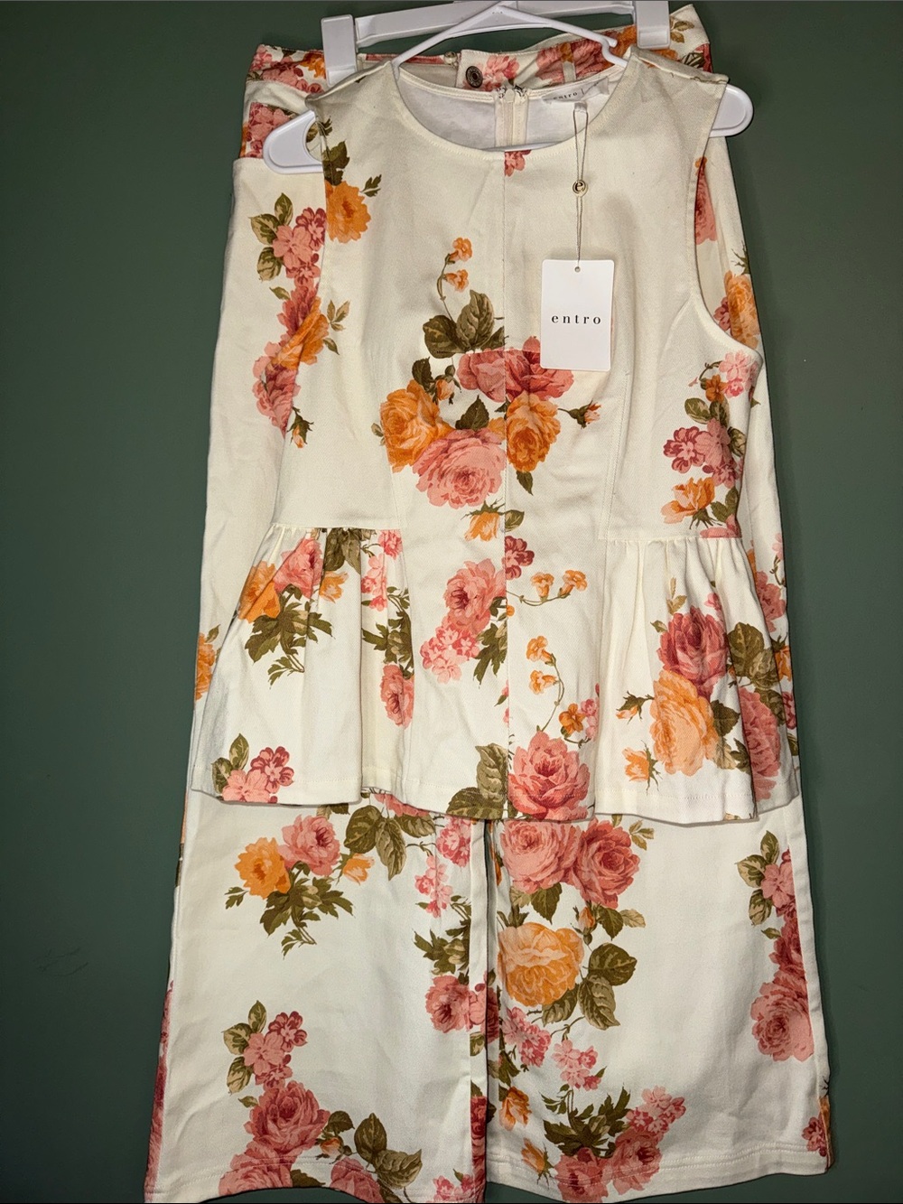 Entro Viviana Cream Floral Denim Matching Set Wide Leg Peplum Large - Picture 2 of 12